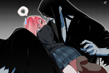 Rule 34 | 1boy, 1girl, adashino adami, bbabbamis2, black background, black hair, black kimono, black sweater, blood, blood on face, commentary request, gradient background, highres, homicipher, japanese clothes, kimono, korean commentary, long hair, looking at viewer, looking back, lying, lying on lap, mr. crawling, on stomach, pink hair, red eyes, ringed eyes, skirt, sweater, torn clothes, very long hair