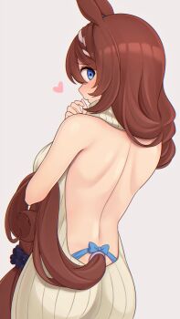 Rule 34 | 1girl, absurdres, animal ears, back, backless outfit, bare back, blue eyes, blush, braid, braided bangs, breasts, brown hair, brown sweater, brown tail, closed mouth, commentary request, from behind, hair between eyes, heart, highres, horse ears, horse girl, horse tail, hukahito, large breasts, long hair, looking at viewer, looking back, low-braided long hair, low-tied long hair, median furrow, naked sweater, sideways glance, simple background, solo, super creek (umamusume), sweater, tail, umamusume, virgin killer sweater, white background