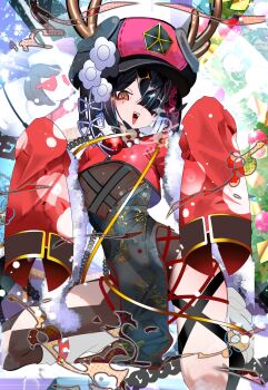 1girl antlers black_hair blush brown_eyes chinese_clothes christmas christmas_ornaments christmas_tree collar commentary_request doll fate/grand_order fate_(series) flat_chest hair_over_one_eye hat highres horns kitsunebi44410 kneeling long_sleeves open_mouth solo thighs xu_fu_(fate)