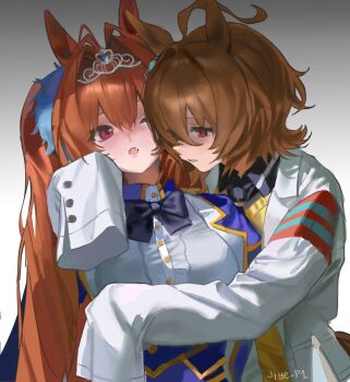 2girls agnes_tachyon_(tach-nology)_(umamusume) agnes_tachyon_(umamusume) ahoge animal_ears blue_bow blue_bowtie bow bowtie breasts brown_hair commentary daiwa_scarlet_(peak_blue)_(umamusume) daiwa_scarlet_(umamusume) english_commentary fang gradient_background grey_background highres horse_ears horse_girl hug jiye_p1 lab_coat long_hair multiple_girls one_eye_closed open_mouth red_eyes short_hair sleeves_past_fingers sleeves_past_wrists tiara twintails umamusume yuri