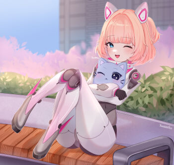1girl absurdres angela_(mobile_legends) animal_ears armored_boots bench black_gloves blue_eyes blush boots building bush cat cat_hair_ornament cherry_blossoms crotch_seam fake_animal_ears gloves hair_ornament highres hugging_object humanoid_robot legs_up mechanical_ears mobile_legends:_bang_bang one_eye_closed open_mouth orange_hair robot robot_girl sky thighs yumiko