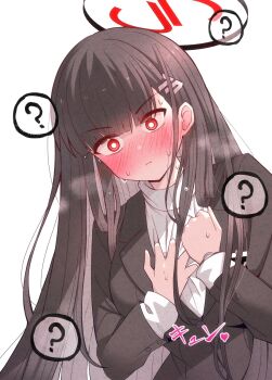 1girl black_hair black_jacket blue_archive blush jacket karikura_(atatata71) long_sleeves rio_(blue_archive) solo straight_hair sweater twitter upper_body white_background white_sweater