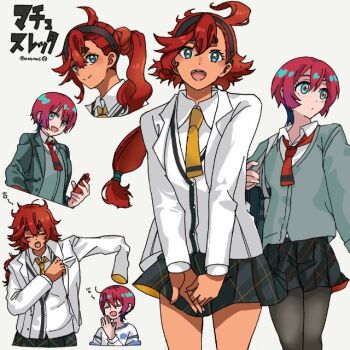 2girls ahoge amate_yuzuriha aqua_eyes breasts cellphone closed_eyes closed_mouth commentary_request dressing emya26 gundam gundam_gquuuuuux gundam_suisei_no_majo hair_between_eyes hairband long_hair long_sleeves looking_at_viewer multiple_girls necktie pajamas phone ponytail red_hair school_uniform shirt short_hair skirt smartphone smile suletta_mercury thick_eyebrows thighhighs white_shirt yawning