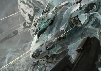 armor armored_core battle_damage dual_wielding extra_eyes fromsoftware gun holding horns hukutuuprunes mecha mecha_focus no_humans robot science_fiction single_horn weapon white_glint