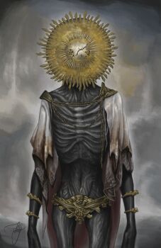 1boy bracelet cape colored_skin commentary cowboy_shot elden_ring emaciated english_commentary eralacrimae gold_bracelet goldmask's_mask goldmask_(elden_ring) grey_background grey_skin highres jewelry loincloth male_focus mask painterly solo standing torn_clothes white_cape