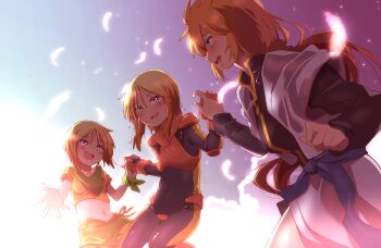 3girls blue_eyes bodysuit breasts clone covered_navel elpeo_puru gloves gundam gundam_unicorn gundam_zz highres long_hair marida_cruz mecha_pilot_suit multiple_girls navel normal_suit_(gundam) onimaru_(onimal7802) open_mouth orange_hair pilot_suit puru_two short_hair smile super_robot_wars super_robot_wars_v