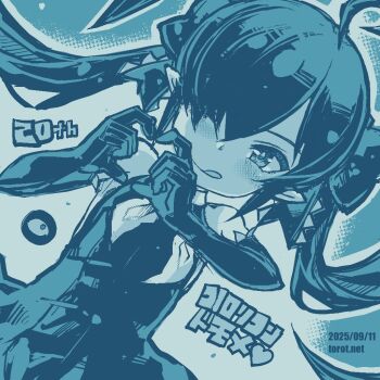 1girl ;p ahoge backbeako_(torotei) backbeard bare_shoulders birthday blue_background blue_theme blush closed_mouth commentary dated dated_commentary dress dutch_angle elbow_gloves gegege_no_kitarou gloves hair_over_one_eye hair_ribbon heart heart_hands kono_lolicon_domome long_hair looking_at_viewer monochrome neckerchief one_eye_closed original paid_reward_available pointy_ears ribbon simple_background sleeveless sleeveless_dress smile solo tongue tongue_out torotei translated twintails two-tone_background upper_body very_long_hair watermark web_address white_background