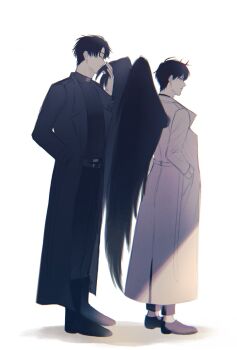 0juhcd 2boys black_coat black_hair black_shirt black_wings coat demon_horns feathered_wings full_body hands_in_pockets hashtag-only_commentary highres horns kim_dokja male_focus multiple_boys omniscient_reader&#039;s_viewpoint open_clothes open_coat popped_collar serious shirt short_hair standing white_coat wings yoo_joonghyuk