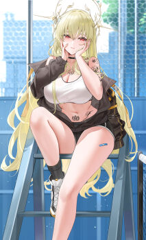 1girl absurdres arm_tattoo azur_lane black_choker black_jacket black_shorts blush breasts choker cleavage closed_mouth commentary_request commission dolphin_shorts hair_branch hands_on_own_cheeks hands_on_own_face highres jacket jacket_partially_removed large_breasts long_hair long_sleeves looking_at_viewer napoli_(azur_lane) on_ladder pixiv_commission qing_wu red_eyes shorts single_bare_arm sitting smile solo sports_bra stomach_tattoo tattoo very_long_hair white_sports_bra