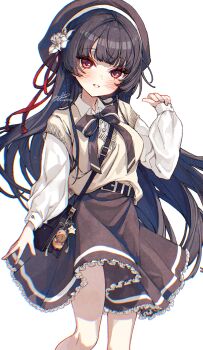 1girl alternate_costume bag bag_charm belt black_hair black_hat black_skirt blush breasts charm_(object) chisa_(wuthering_waves) chromatic_aberration commentary_request grey_sweater_vest hair_ribbon hand_up hat heavy_chromatic_aberration highres korean_commentary long_hair long_sleeves looking_at_viewer medium_breasts namipon_(wuthering_waves) parted_lips red_eyes red_ribbon ribbon shirt shoulder_bag simple_background skirt smile solo sw_haze sweater_vest very_long_hair white_background white_shirt wuthering_waves