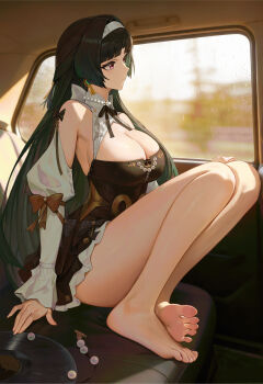 1girl absurdres astra_yao astra_yao_(chandelier) barefoot bead_necklace beads black_dress black_hair breasts car_interior closed_mouth commentary_request dress hairband highres indoors jewelry knees_up large_breasts le_(huanglongen) long_hair looking_afar necklace official_alternate_costume pearl_necklace red_eyes shrug_(clothing) solo white_hairband white_shrug zenless_zone_zero