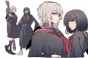 Rule 34 | 09wave hb, 2girls, alternate costume, black hair, black shoes, black skirt, black socks, breasts, faust (project moon), large breasts, limbus company, long hair, looking at viewer, medium hair, multiple girls, neckerchief, pleated skirt, project moon, red eyes, red neckerchief, ryoshu (project moon), school uniform, shoes, simple background, skirt, socks, standing, white background, white hair