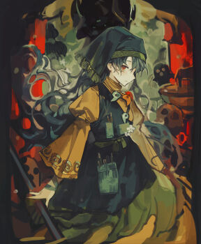 1girl absurdres apron blue_hair commentary_request cowboy_shot dress flower green_apron green_headscarf green_scarf haniyasushin_keiki headscarf highres jewelry long_hair looking_at_viewer magatama magatama_necklace necklace pliers puffy_sleeves red_eyes scarf single_strap solo tools touhou user_wndh2753 white_flower wide_sleeves yellow_dress yellow_sleeves