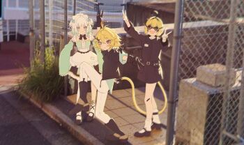 3girls ahoge antenna_hair apron arm_up asymmetrical_legwear black_bow black_bowtie black_coat black_footwear black_gloves black_hair black_jacket blonde_hair blue_bow blue_eyes blue_shirt blunt_bangs boots bow bowtie chain-link_fence closed_mouth coat commentary crossed_bangs detached_collar detached_sleeves dokibird dokibird_(bounty_hunter) dooby dooby_(1st_costume) double_v dress english_commentary fang fence frilled_sleeves frills full_body gloves goggles gradient_hair green_dress green_hair green_sleeves hair_between_eyes hair_bow hair_ornament hand_up heterochromia high_school_girls_posing_for_google_street_view_(meme) highres indie_virtual_youtuber jacket jerboa_tail leg_up long_sleeves looking_at_viewer meme mint_fantome mismatched_legwear multicolored_hair multiple_girls open_mouth outdoors pants photo_background red_eyes shirt shoes short_eyebrows short_hair single_sock single_thighhigh skin_fang sleeves_past_fingers sleeves_past_wrists smile socks spurs standing standing_on_one_leg streaked_hair tactile_paving tail thighhighs three-quarter_sleeves triangular_headpiece two_side_up v virtual_youtuber waist_apron white_apron white_gloves white_hair white_pants white_socks white_thighhighs x_hair_ornament yubbiidraw