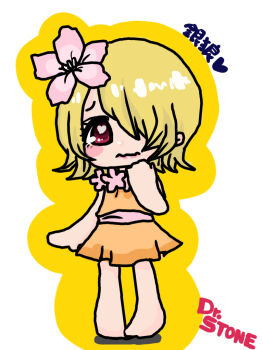 Rule 34 | 1boy, antasu, arm at side, bare legs, barefoot, blonde hair, blush stickers, character name, chibi, closed mouth, commentary request, copyright name, crossdressing, crossdressing (mtf), dr. stone, dress, embarrassed, flower, flower collar, full body, furrowed brow, ginro (dr. stone), hair flower, hair ornament, hair over one eye, hand to own mouth, heart, heart in eye, lipstick, looking at viewer, makeup, male focus, medium hair, official alternate costume, one eye covered, orange dress, outline, pink flower, pink lips, pink sash, red eyes, sash, shadow, short dress, simple background, solo, standing, symbol in eye, translated, trap, wavy mouth, white background, yellow outline