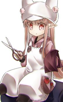 1girl boots breasts buttons commentary_request fabric fate/grand_order fate_(series) habetrot_(fate) habetrot_(little_tailors)_(fate) hat highres long_hair long_sleeves looking_at_viewer overalls pink_hair pink_shirt pointy_ears red_eyes scissors shirt sidelocks sitting small_breasts solo white_hat white_overalls yubeshi_(zecxl)