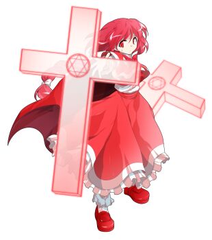 1girl alphes_(style) bobby_socks bow bowtie braid capelet commentary_request cross dairi frilled_skirt frills full_body hair_between_eyes hair_bow hexagram highres large_variant_set loafers long_braid long_hair long_skirt long_sleeves okazaki_yumemi parody red_bow red_bowtie red_capelet red_hair red_shirt red_shoes red_skirt see-through_clothes shirt shoes single_braid skirt skirt_set socks solo standing style_parody tachi-e touhou touhou_(pc-98) transparent_background undershirt variant_set white_bow white_shirt white_socks