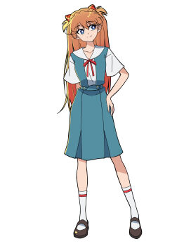 1girl blue_eyes blue_skirt blush breasts brown_hair closed_mouth full_body hair_between_eyes hand_on_own_hip hands_on_own_knees long_eyelashes long_hair neck_ribbon neon_genesis_evangelion red_ribbon ribbon sashimi_(sasihmi) school_uniform shirt short_sleeves skirt smile socks solo souryuu_asuka_langley standing suspender_skirt suspenders tokyo-3_middle_school_uniform two_side_up white_background white_shirt white_socks