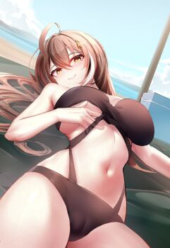 Rule 34 | 1girl, absurdres, beach, bikini, black bikini, breasts, brown hair, commentary, gi end, highres, hololive, hololive english, large breasts, long hair, lying, multicolored hair, nanashi mumei, on back, sand, smile, solo, streaked hair, swimsuit, symbol-only commentary, two-tone hair, virtual youtuber, white hair