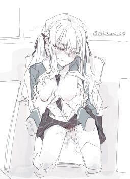 Rule 34 | 2girls, areola slip, artist name, averting eyes, bang dream!, bang dream! it's mygo!!!!!, between breasts, blazer, blush, breasts, chair, chinese commentary, chinese text, cleft of venus, closed mouth, clothed sex, collared shirt, deep skin, desk, diagonal-striped clothes, diagonal-striped necktie, disembodied hand, dress shirt, female pov, from above, frown, grabbing another's breast, greyscale, groping, hair ribbon, haneoka school uniform, highres, indoors, jacket, large breasts, long hair, long sleeves, looking to the side, miniskirt, monochrome, multiple girls, necktie, necktie between breasts, on chair, partially unbuttoned, plaid clothes, plaid skirt, pov, pov hands, pussy, pussy juice, pussy juice puddle, pussy peek, ribbon, school chair, school desk, school uniform, shirt, sidelocks, simplified chinese text, sitting, sketch, skirt, solo focus, striped clothes, togawa sakiko, translation request, twitter username, two side up, unhappy, variant set, wing collar, winter uniform, yukikuma (yukikuma 018), yuri