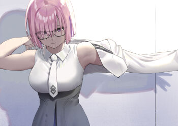 1girl absurdres armpits black-framed_eyewear black_skirt bright_pupils closed_mouth commentary_request cropped_jacket dressing expressionless fate/grand_order fate_(series) glasses hair_over_eyes high-waist_skirt highres jacket looking_down mash_kyrielight necktie partial_commentary pink_hair purple_eyes satou_0_zero shirt short_hair skirt sleeveless sleeveless_shirt solo upper_body white_background white_jacket white_necktie