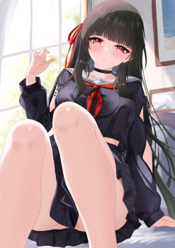 1girl absurdres arm_cutout arm_support bare_legs black_choker black_hair black_serafuku black_shirt black_skirt blunt_bangs blush breasts cg_xiao_baishu chinese_commentary chisa_(wuthering_waves) choker clothing_cutout commentary_request hair_ribbon hand_up highres indoors knees_up large_breasts legs long_hair looking_at_viewer neckerchief orange_eyes panties panty_peek parted_lips partial_commentary red_neckerchief red_ribbon ribbon sailor_collar school_uniform serafuku shirt sitting skirt solo tacet_mark_(wuthering_waves) underwear white_sailor_collar window wuthering_waves