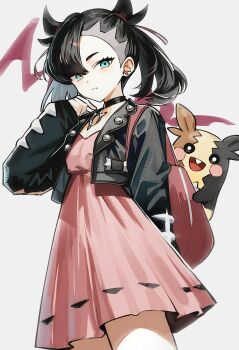 1girl asymmetrical_bangs black_choker black_hair black_jacket choker closed_mouth commentary_request dress earrings eyelashes gen_8_pokemon green_eyes highres jacket jewelry korean_commentary long_sleeves looking_at_viewer marnie_(pokemon) morpeko morpeko_(full) nintendo open_clothes open_jacket pink_dress pokemon pokemon_(creature) pokemon_swsh roh_(user_fctg7234) twintails white_background