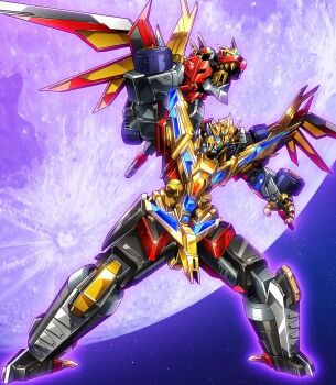 1boy armor gattai glowing glowing_eyes gridknight_(ssss.gridman) gridman_universe headphones holding holding_cannon holding_weapon kaiser_gridknight mecha mutaguchi_hiroki no_humans open_hand orange_eyes robot science_fiction shoulder_armor shoulder_cannon solo ssss.dynazenon super_robot tokusatsu weapon wings