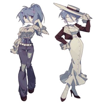 1girl air_zizon android bare_shoulders black_eyes blue_hair blue_pants brown_jacket closed_mouth detached_sleeves dress earrings eunoia_(frozen_soul) frozen_soul full_body hair_ornament hat high_ponytail highres jacket jewelry joints long_hair multiple_views pants ponytail roblox robot_joints see-through_body shirt sidelocks smile snowflake_earrings snowflake_hair_ornament white_dress white_hat white_shirt wide_brim