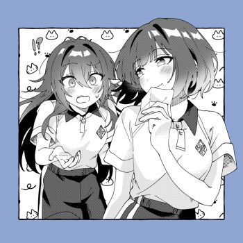 Rule 34 | !?, 2girls, blush, breasts, buttons, collared shirt, commentary request, cowboy shot, gakuen idolmaster, greyscale with colored background, hair between eyes, hand up, hataya misuzu, high-waist pants, highres, holding, holding paper, idolmaster, long hair, medium breasts, mole, mole under mouth, multiple girls, niyororinpayamaru, open mouth, pants, paper, paw print, shirt, shirt tucked in, short hair, short sleeves, sidelocks, smile, sportswear, striped clothes, striped pants, tsukimura temari, upper body, wide-eyed, yuri