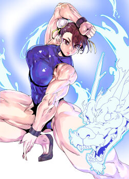 1girl abs alternate_muscle_size biceps blue_bodysuit blue_unitard bodysuit bracelet breasts brown_eyes brown_hair bun_cover capcom chun-li covered_abs double_bun dragon dragon_horns eastern_dragon eastern_dragon_horns fighting_stance flats flexing hair_bun highres horns invisible_floor jewelry large_breasts minew muscular muscular_arms muscular_female muscular_legs obliques red_lips skin_tight sleeveless sleeveless_bodysuit slip-on_shoes solo spandex street_fighter thighs unitard