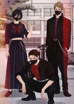 Rule 34 | 1girl, 2boys, absurdres, alternate universe, belly chain, belt, black belt, black hair, black jacket, black mask, black pants, black sailor collar, black serafuku, black shirt, black shoes, blurry, blurry background, breasts, brown belt, brown eyes, brown hair, commentary request, crop top, delinquent, eren yeager, full body, gakuran, gold buttons, grey eyes, hair between eyes, hair bun, half updo, hands in pockets, highres, holding, holding sword, holding weapon, jacket, jean kirstein, jewelry, loafers, long skirt, looking at viewer, mask, medium breasts, medium hair, midriff, mikasa ackerman, mouth mask, multiple boys, necktie, open clothes, open jacket, outdoors, over shoulder, pants, pleated skirt, purple shirt, red necktie, red shirt, sailor collar, school uniform, serafuku, shinai, shingeki no kyojin, shirt, shoes, short hair, skirt, sleeves rolled up, squatting, standing, sukeban, sword, sword over shoulder, twitter username, weapon, weapon over shoulder, white belt, yuka levi