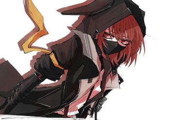 1girl aizettonagi arknights armband black_jacket covered_mouth crownslayer_(arknights) drop_shadow hair_between_eyes highres hood hood_up hooded_jacket jacket looking_at_viewer mask mouth_mask ninja_mask open_clothes open_jacket red_eyes red_hair shirt short_hair simple_background solo white_background white_shirt yellow_armband