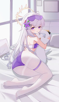 1girl absurdres ass azusa_(blue_archive) blue_archive commentary crescent_halo feathered_wings from_behind halo highres long_hair looking_at_viewer low_wings no_shoes panties pantyhose purple_eyes purple_panties purple_sports_bra solo sports_bra underwear white_hair white_pantyhose wings yellow_halo yu_fu_miko