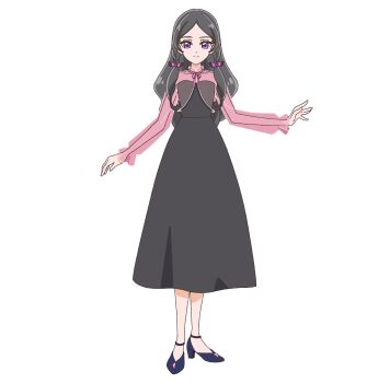 1girl black_dress black_hair blue_shoes bow braid closed_mouth dress full_body hair_bow high_heels highres kimi_to_idol_precure long_hair long_sleeves looking_at_viewer meroron_(civilian)_(precure) meroron_(precure) official_art parted_bangs pink_bow pink_ribbon pink_shirt precure purple_eyes ribbon see-through_clothes see-through_sleeves shirt shoes simple_background smile solo standing tachi-e transparent_background twin_braids