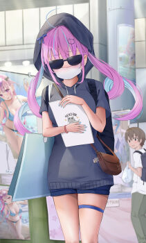 1boy 1girl absurdres alternate_costume bag black_hoodie blue_hair blue_shorts breasts brown_hair comiket handbag highres hololive hood hoodie indoors large_breasts mask minato_aqua mochiki_927 mouth_mask multicolored_hair purple_hair shorts sunglasses thigh_strap twintails virtual_youtuber