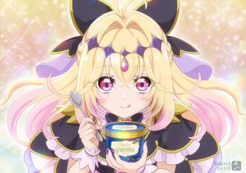 Rule 34 | 1girl, asukamama89, blush, braid, brooch, closed mouth, commentary request, cup, cure arcana shadow, disposable cup, disposable ice cream cup, gradient hair, hair between eyes, hair intakes, heart, heart-shaped pupils, heart brooch, heart in eye, highres, holding, holding spoon, jewelry, looking at viewer, magical girl, meitantei precure!, moria luluka, multicolored hair, pink eyes, pink hair, portrait, precure, smile, solo, spoon, symbol-shaped pupils, symbol in eye, tongue, tongue out