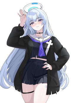 black_shirt black_skirt blue_archive blush breasts chisa_(wuthering_waves) chisa_(wuthering_waves)_(cosplay) collarbone commentary cosplay english_commentary halo hazaky highres jacket jewelry large_breasts long_hair looking_at_viewer mechanical_halo noa_(blue_archive) pleated_skirt purple_eyes ring sailor_collar shirt skirt thigh_strap very_long_hair white_hair white_halo white_sailor_collar wuthering_waves