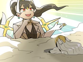 2girls above_clouds arceus black_hair cloud commentary earrings floating_hair from_behind gen_4_pokemon giant giantess gloves hand_on_own_chin horns jacket jewelry kasugai_(de-tteiu) legendary_pokemon long_hair machia_(kasugai_(de-tteiu)) maria_(kasugai_(de-tteiu)) multicolored_eyes multicolored_hair multiple_girls mythical_pokemon nintendo personification pokemon regigigas suit_jacket two-tone_eyes two-tone_hair white_gloves white_hair