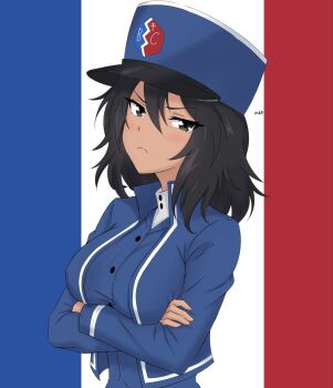 andou_(girls_und_panzer) bc_freedom_military_uniform blue_vest commentary dark-skinned_female dark_skin emblem girls_und_panzer girls_und_panzer_ribbon_no_musha girls_und_panzer_saishuushou girls_und_panzer_senshadou_daisakusen! hat high_collar highres ivan_(2213432) kepi medium_hair messy_hair military_hat original sweater_around_neck vest