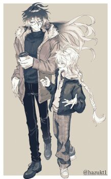 2boys aether_(genshin_impact) ahoge alternate_costume antenna_hair artist_name baggy_pants blush boots border braid closed_mouth collarbone crossed_bangs cup disposable_coffee_cup disposable_cup earrings empty_eyes fingernails flins_(genshin_impact) floating_hair full_body fur-trimmed_jacket fur_trim genshin_impact gradient_hair greyscale hair_between_eyes hair_ornament half-closed_eyes hand_up hands_up hazukt1 highres holding holding_cup hood hoodie jacket jewelry long_hair long_sleeves looking_at_another low-braided_long_hair low-tied_long_hair male_focus monochrome multicolored_hair multiple_boys open_clothes open_jacket open_mouth outside_border pants puffy_long_sleeves puffy_sleeves shirt shoes simple_background single_braid single_earring smile standing sweater t-shirt teeth tongue turtleneck turtleneck_sweater wavy_hair