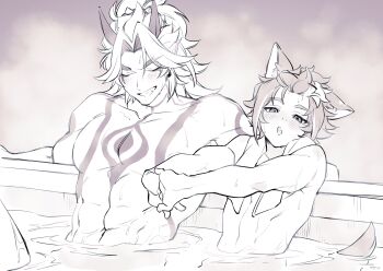 2boys abs absurdres animal_ear_fluff animal_ears arataki_itto blush bodypaint colored_inner_hair commentary dog_boy dog_ears earrings facepaint fang genshin_impact gorou_(genshin_impact) highres homare_(g_hmr88) jewelry long_hair looking_at_viewer male_focus multicolored_hair multiple_boys muscular muscular_male navel no_nipples nude oni partially_submerged pectorals same-sex_bathing shared_bathing short_hair size_difference skin_fang smile stretching symbol-only_commentary tail teeth towel towel_around_neck upper_body wet