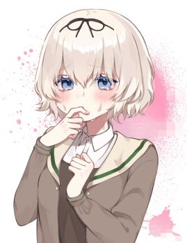 Rule 34 | 1girl, blue eyes, blush, collared shirt, commentary request, crying, crying with eyes open, hair between eyes, hair ribbon, hanamura hinako, kitanai kimi ga ichiban kawaii, otone 0517, ribbon, school uniform, shirt, short hair, simple background, solo, tears, upper body, white background, white hair