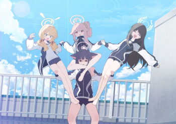 4girls :d ^_^ acrobatics after-school_sweets_club_(blue_archive) airi_(blue_archive) alternate_costume animal_ears backlighting bare_legs barefoot black_hair black_shorts blonde_hair blue_archive blue_sky blunt_bangs blurry bob_cut carrying cat_ears cat_girl closed_eyes cloud cloudy_sky colored_inner_animal_ears depth_of_field extra_ears fence forehead full_body game_cg grey_eyes gym_shirt gym_shorts gym_uniform hair_between_eyes hair_ornament hair_scrunchie hairclip halo highres holding_another&#039;s_leg holding_hands indian_style jacket kazusa_(blue_archive) long_hair long_sleeves low_twintails multicolored_jacket multiple_girls myeolchi natsu_(blue_archive) non-web_source official_alternate_hairstyle official_art on_rooftop open_clothes open_jacket open_mouth outdoors parted_bangs piggyback pink_hair red_eyes scrunchie shirt short_hair short_shorts shorts side_ponytail sidelocks sitting sky smile standing_on_person sweatdrop toes track_jacket twintails two-tone_jacket yoshimi_(blue_archive)