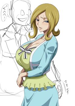 1boy 1girl blonde_hair blue_eyes breasts code_geass collarbone dress grabbing_another&#039;s_ass groping hand_on_another&#039;s_ass highres huge_breasts iwao178 looking_at_viewer milly_ashford old old_man open_mouth simple_background unfinished white_background