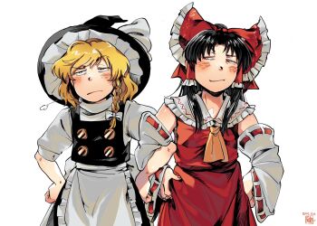 2girls apron ascot black_hair blonde_hair blush bow braid commentary_request dated detached_sleeves frilled_bow frilled_hair_tubes frilled_shirt_collar frills hair_bow hair_tubes hakurei_reimu hand_on_own_hip hat highres jitome kirisame_marisa kokechankokko locked_arms long_hair long_sleeves looking_at_another looking_to_the_side multiple_girls nontraditional_miko ribbon-trimmed_sleeves ribbon_trim shirt short_sleeves side_braid skirt skirt_set sleeveless sleeveless_shirt smile touhou waist_apron witch_hat yellow_eyes