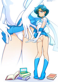 1girl back_bow bishoujo_senshi_sailor_moon blue_choker blue_eyes blue_hair blue_sailor_collar blue_skirt book boots bow brooch cameltoe choker earrings elbow_gloves erotibot female_focus full_body gloves heart heart_brooch highres jewelry legs looking_at_viewer magical_girl mizuno_ami panties panty_pull pussy sailor_collar sailor_mercury sailor_senshi_uniform self_exposure short_hair skirt solo tablet_pc tiara underwear white_gloves