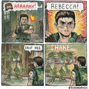 1boy 1girl absurdres biting black_gloves brown_hair chris_redfield claws colored_skin commentary emphasis_lines english_commentary fingerless_gloves gloves green_skin gun handgun highres holding holding_gun holding_weapon hunter_(resident_evil) rebecca_chambers resident_evil resident_evil_1 rhiannon_kagoe speech_bubble sweatdrop weapon yellow_eyes