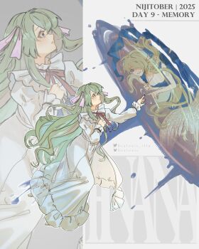 2girls :o absurdres air_bubble alternate_costume alternate_eye_color alternate_universe bealouis_illu black_bow black_dress black_eyes black_nails bluesky_username blush bow breasts bubble cleavage collared_dress commentary different_reflection dress dress_bow dripping dual_persona english_commentary english_text finana_ryugu fins floating_clothes floating_hair frills from_side full_body gem green_hair green_scales green_tail grin hair_over_one_eye hair_ribbon head_fins highres holding holding_jewelry holding_necklace jewelry juliet_sleeves long_dress long_hair long_sleeves looking_at_another medium_breasts mermaid monster_girl multiple_girls neck_ribbon necklace nightgown nijisanji nijisanji_en parted_lips pearl_necklace puffy_sleeves purple_gemstone red_ribbon reflection ribbon ripples scales sidelocks siren_(mythology) sleeveless sleeveless_dress smile sparkle twitter_username underwater very_long_hair virtual_youtuber wavy_hair white_nightgown zoom_layer