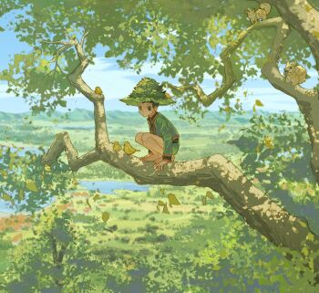 1boy animal barefoot bird black_hair blue_sky branch child closed_mouth commentary day gon_freecss goodkids_1 green_jacket green_shorts hat hunter_x_hunter in_tree jacket leaf long_sleeves looking_at_viewer male_focus nature outdoors shorts sky squatting squirrel symbol-only_commentary tree